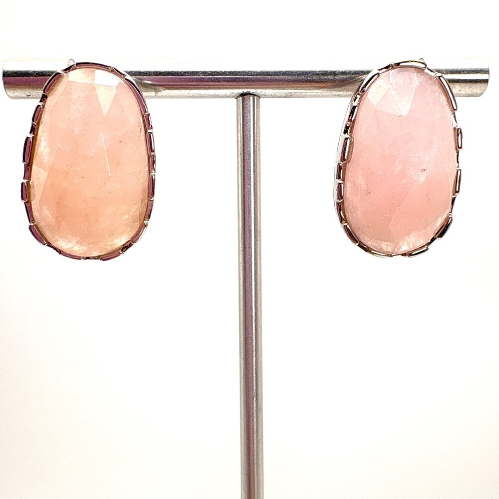 VTG Sterling Silver 925 Rose Quartz Bezel Set Stud Earrings Size 1" Length